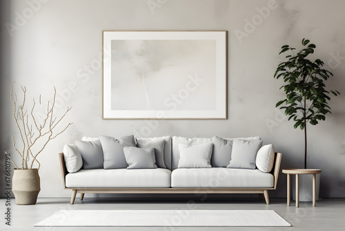 Stylish interior with sofa  map  plants  and elegant personal accessories. Home decor. Interior design  minimalism  modern mood