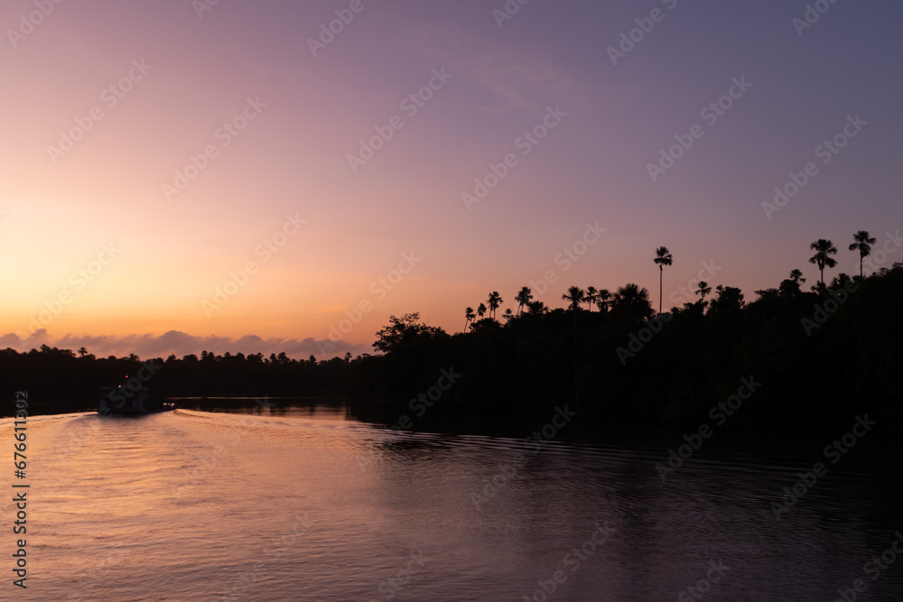 Dawn over a river: Amazon rainforest's tranquil morning beauty