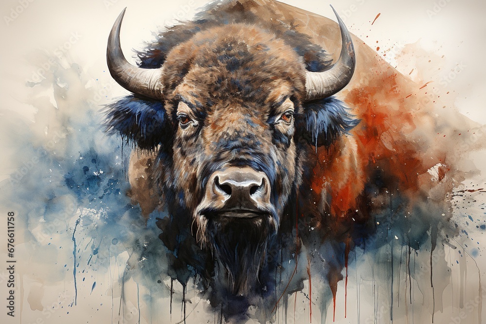 American Bison with Watercolor Flag American Bison with Watercolor Flag
