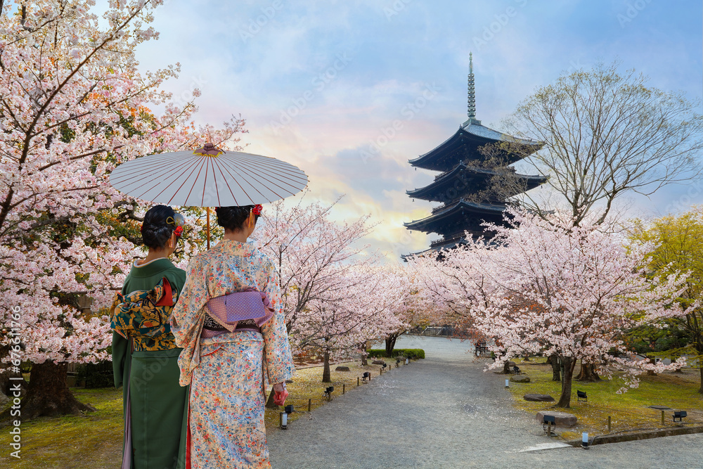 Kyoto, Japan - March 31 2023: Toji Temple founded at the beginning of the Heian Period after the capital moved to Kyoto in late 700. It's one of the best cherry blossom spots Kyoto city.