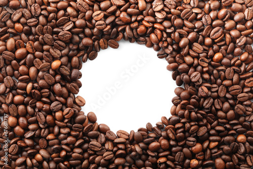 Frame of roasted coffee beans on white background, top view