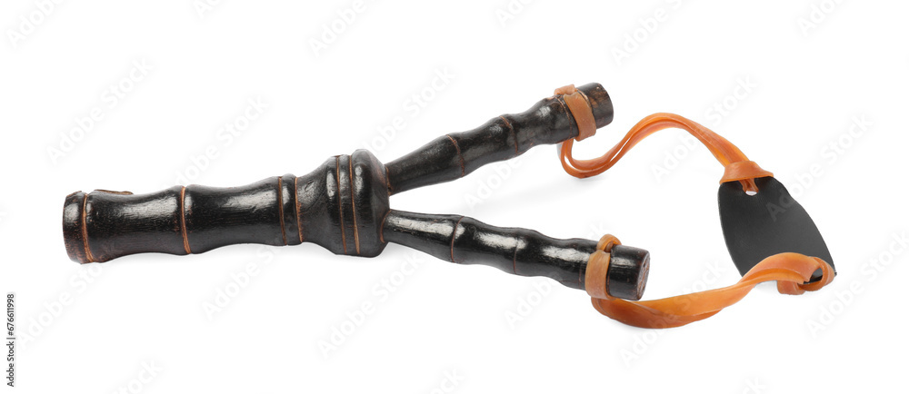 Black wooden slingshot with leather pouch on white background Black wooden slingshot with leather pouch on white background