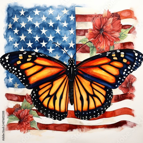 American Monarch Butterfly Watercolor with Flag photo