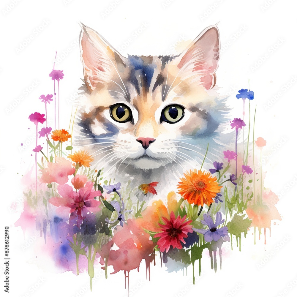 Cat in watercolor meadow with wildflowers frame borders