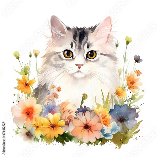 Cat in watercolor meadow with wildflowers frame borders