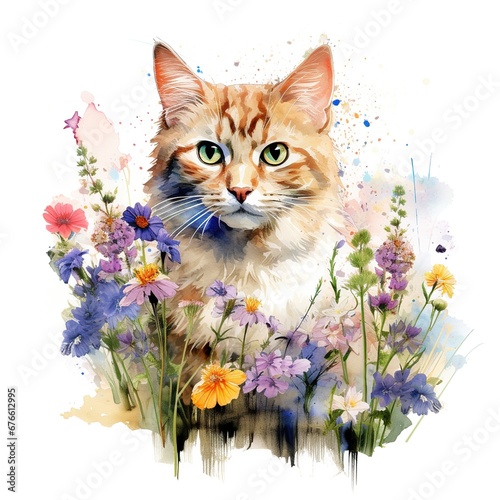 Cat in watercolor meadow with wildflowers frame borders © Man888