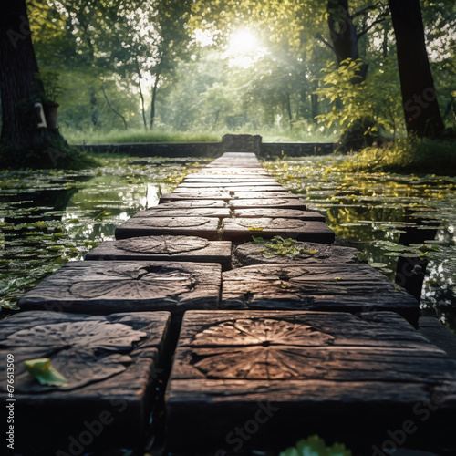Wooden pad walkway across natural pond