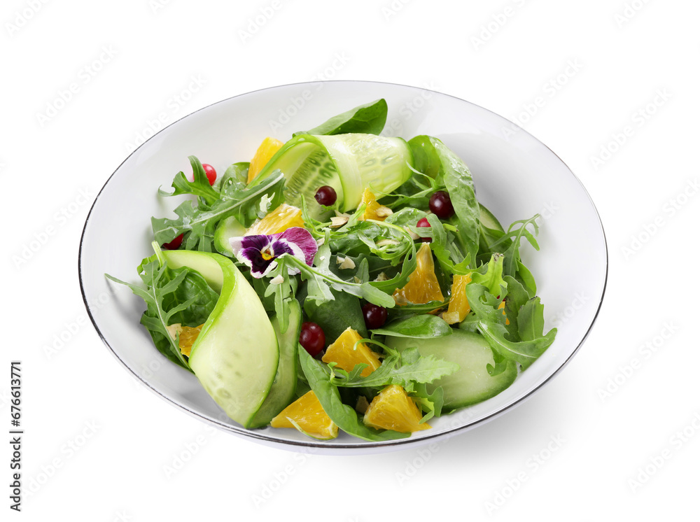 Delicious salad with cucumber and orange slices isolated on white Delicious salad with cucumber and orange slices isolated on white