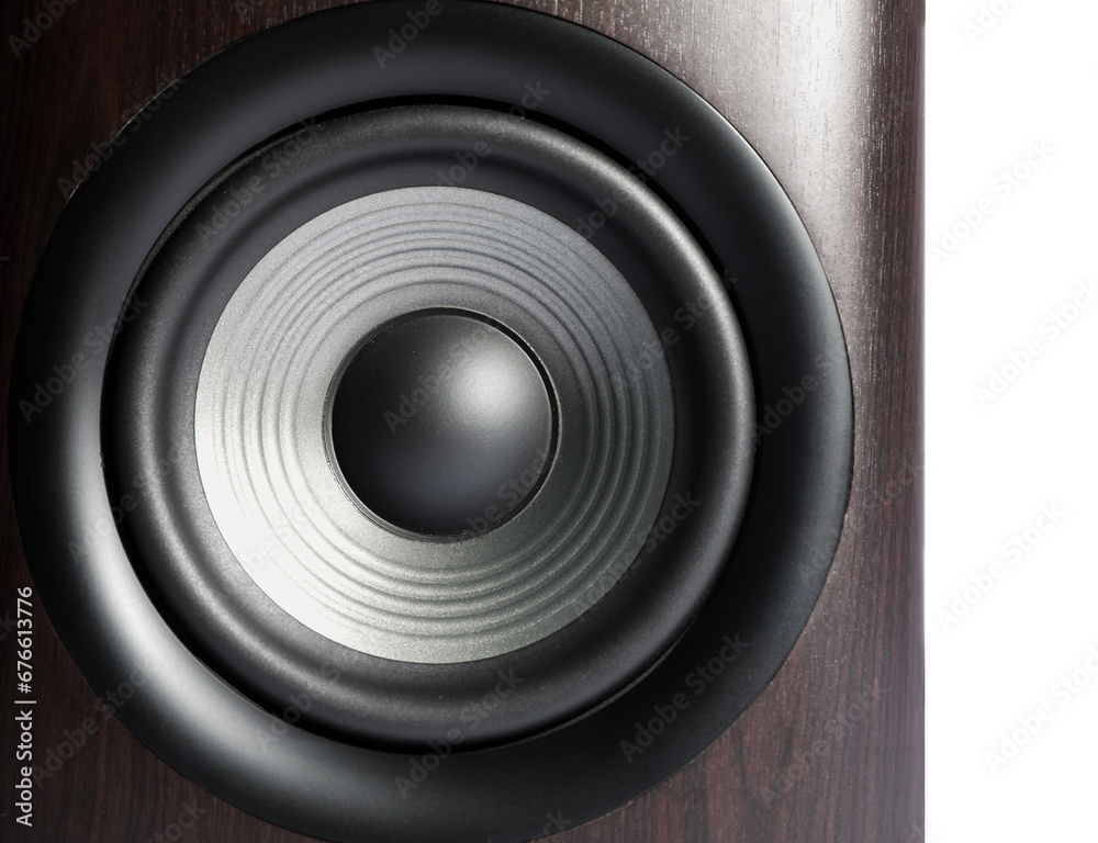 One wooden sound speaker on white background, closeup One wooden sound speaker on white background, closeup