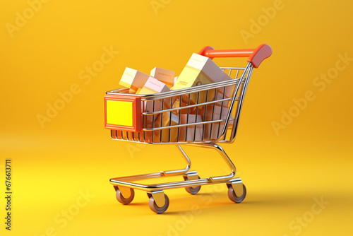 shopping cart with gift boxes yellow background , shopping concept illustration background
