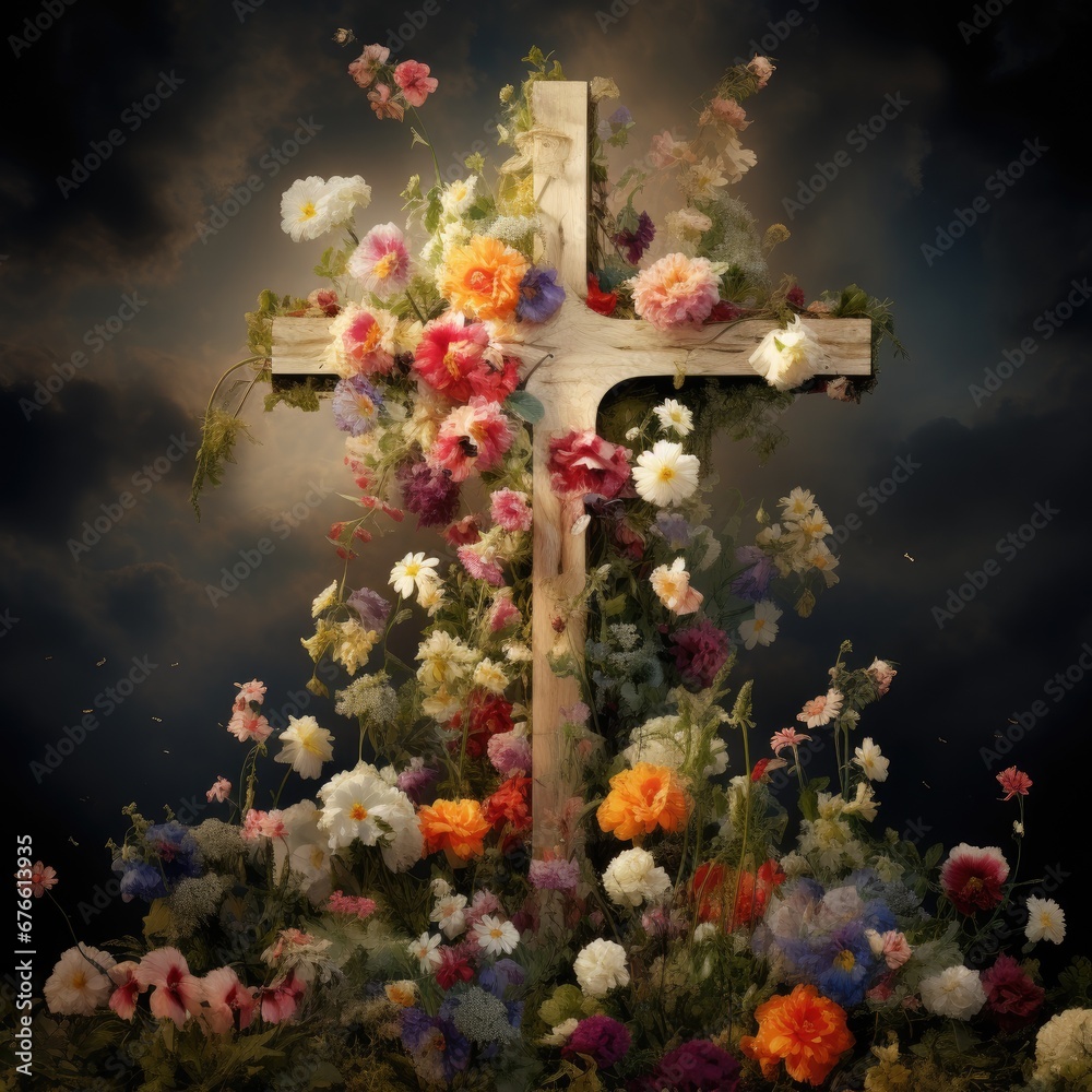 Fototapeta premium christian cross with flowers easter cross