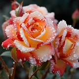 Dew-covered roses in snow macro