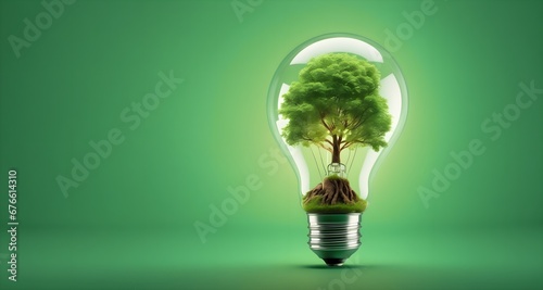 A tiny tree growing inside a light bulb, close-up on a green background. Ecology concept.