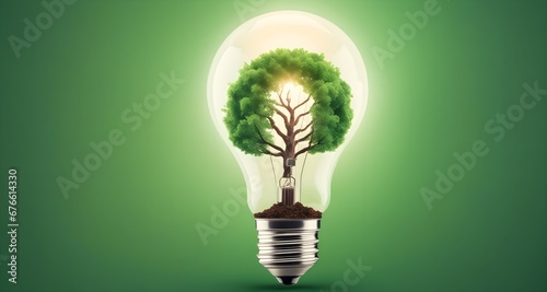 A tiny tree growing inside a light bulb, close-up on a green background. Ecology concept.