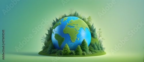 Blue planet among green plants on a green background. Globe of the earth with continents on a background of forests. Ecological concept.