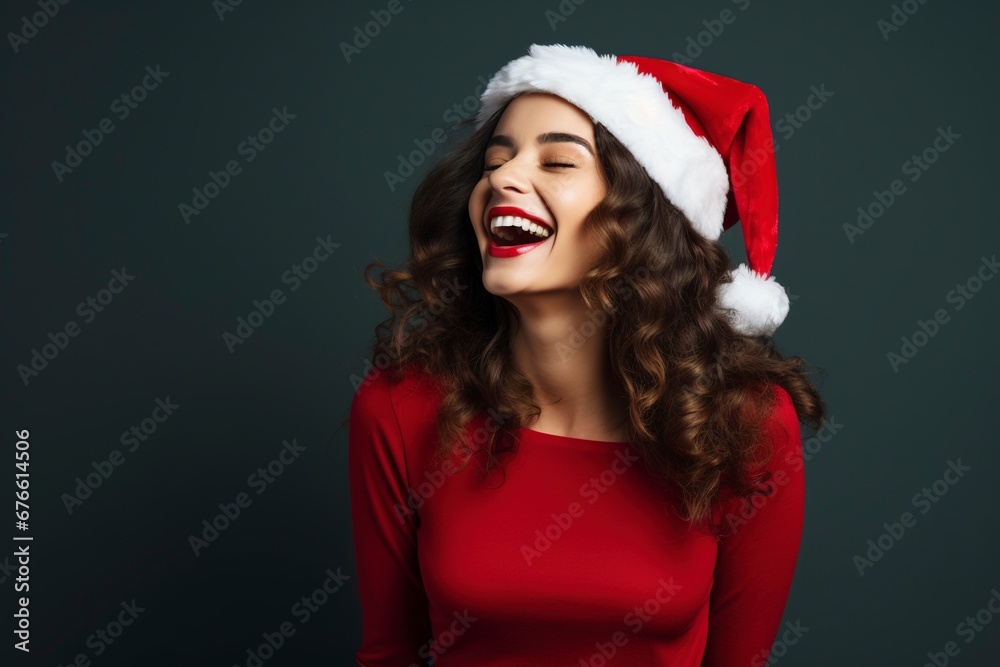 photo beautiful woman in santa hat feeling happy, generative ai photo beautiful woman in santa hat feeling happy, generative ai