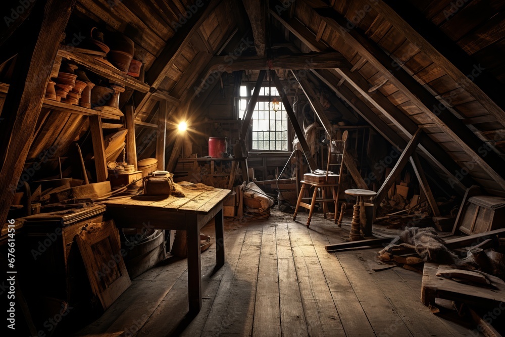 Fototapeta premium An old attic with random and forgotten belongings. 