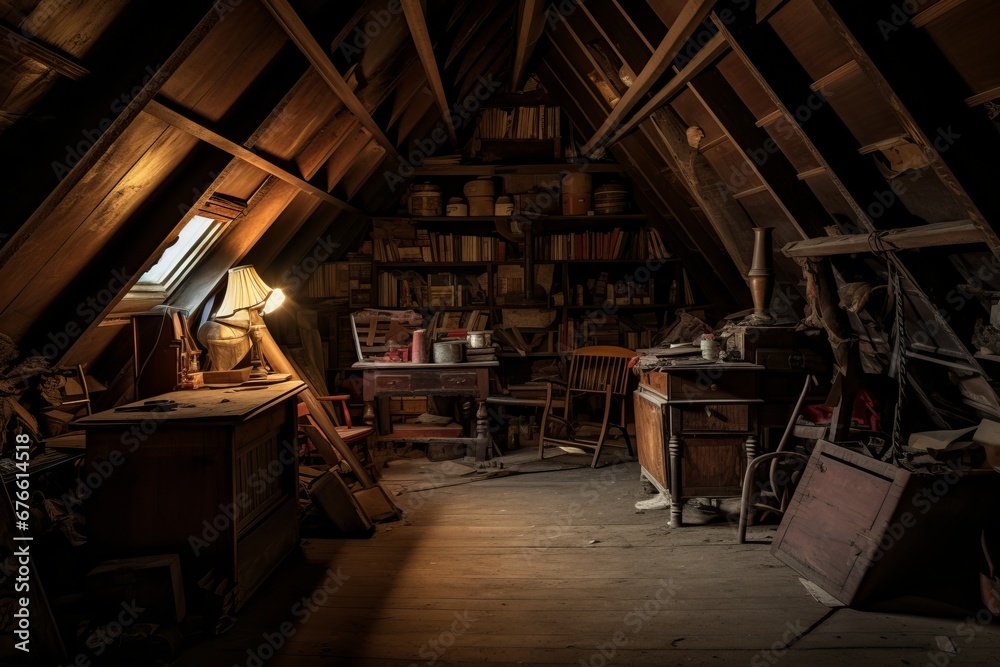 An old attic with random and forgotten belongings. 