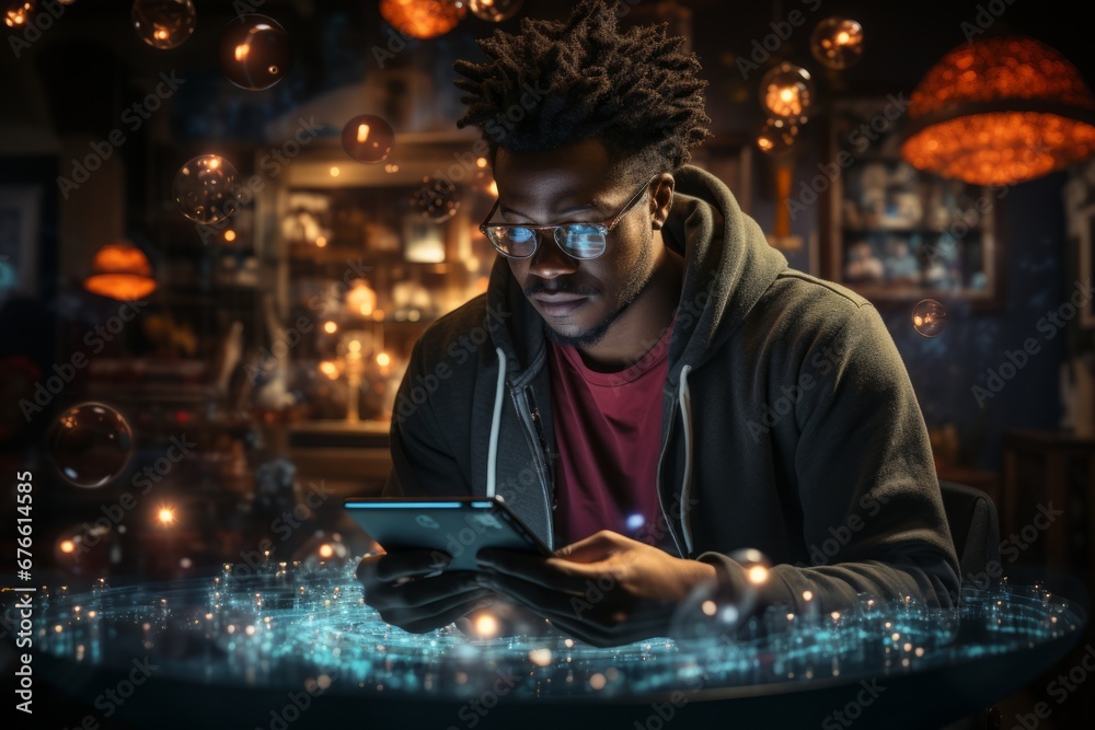 A person using a high tech smart device to connect to the world and ideas. Generative Ai. A person using a high tech smart device to connect to the world and ideas. Generative Ai.
