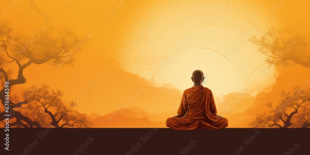 Illustration of the Buddha looking out into the rising sun, 