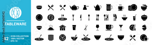 Collection of icons for tableware, cutlery, glass, plate, spoon, fork, vector editable and resizable EPS 10
