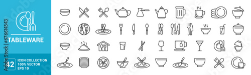 Collection of icons for tableware, cutlery, glass, plate, spoon, fork, vector editable and resizable EPS 10 photo