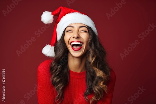 photo beautiful woman in santa hat feeling happy  generative ai