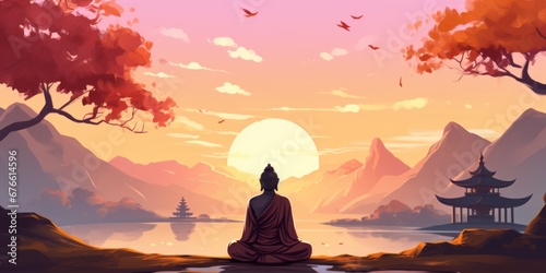 Illustration of the Buddha looking out into the rising sun, 