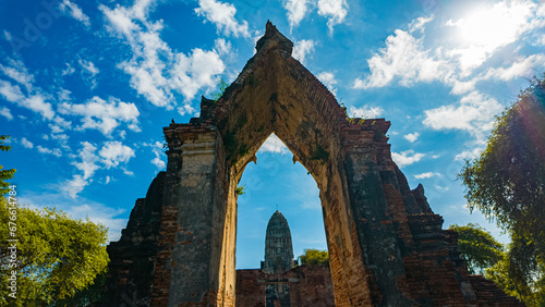 The entrance to a beautiful ancient temple..Ayutthaya period architecture that is still beautiful even though it has decayed over time..The exquisite architecture of the Ayutthaya period. .