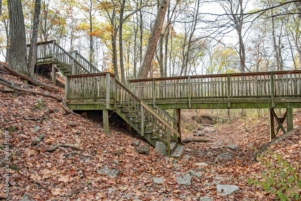 Wooden Bridge over Dried Riverbed with Autumn Leaves