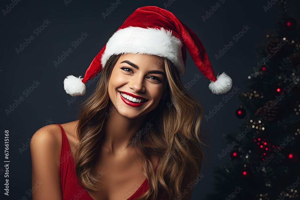 photo beautiful woman in santa hat feeling happy, generative ai photo beautiful woman in santa hat feeling happy, generative ai