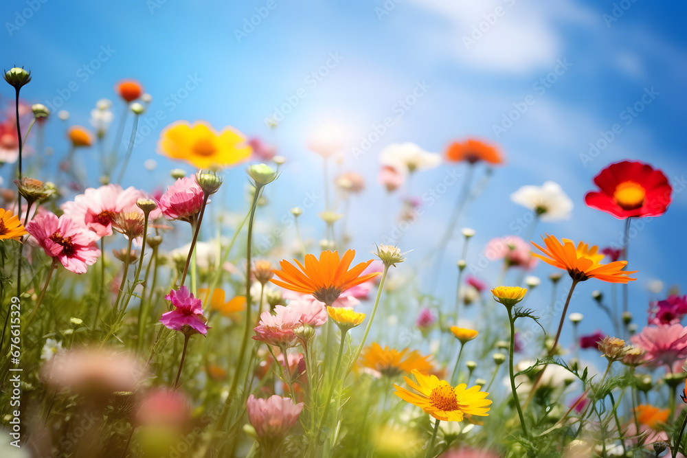 Colorful wildflower meadow with sunshine and blue sky - summer flower meadow - Holiday time in the garden