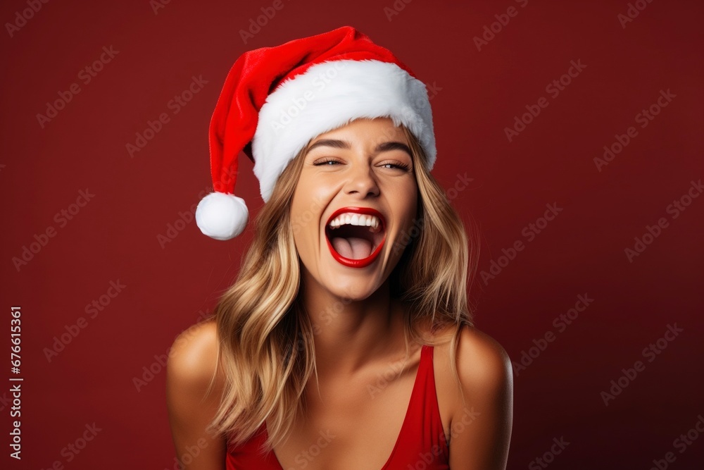 photo beautiful woman in santa hat feeling happy, generative ai photo beautiful woman in santa hat feeling happy, generative ai