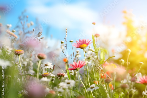 Colorful wildflower meadow with sunshine and blue sky - summer flower meadow - Holiday time in the garden