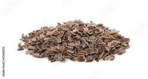 Heap of dry dill seeds isolated on white