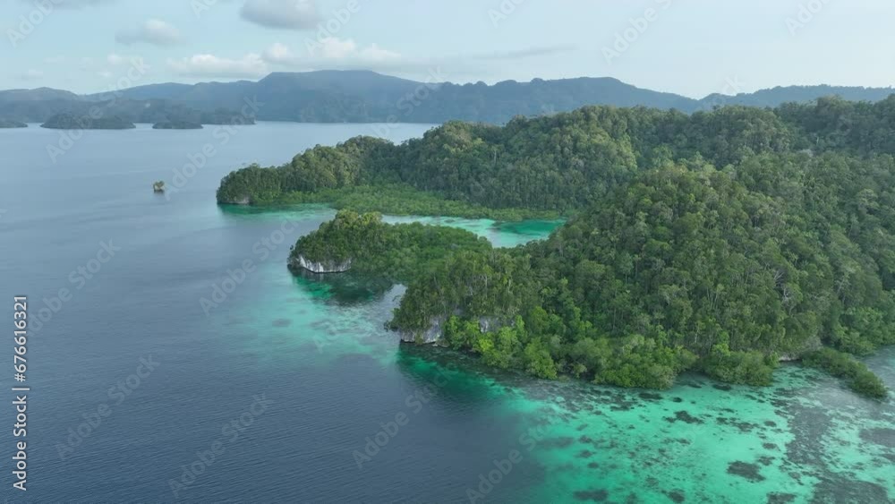 Rugged, jungle-covered islands are fringed by reefs in the calm waters of Alyui Bay, Raja Ampat. This scenic area is known as the heart of the Coral Triangle due to its incredible marine biodiversity. Rugged, jungle-covered islands are fringed by reefs in the calm waters of Alyui Bay, Raja Ampat. This scenic area is known as the heart of the Coral Triangle due to its incredible marine biodiversity.