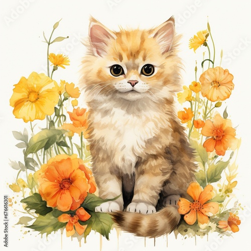 Watercolor cat and marigold frame border clipart