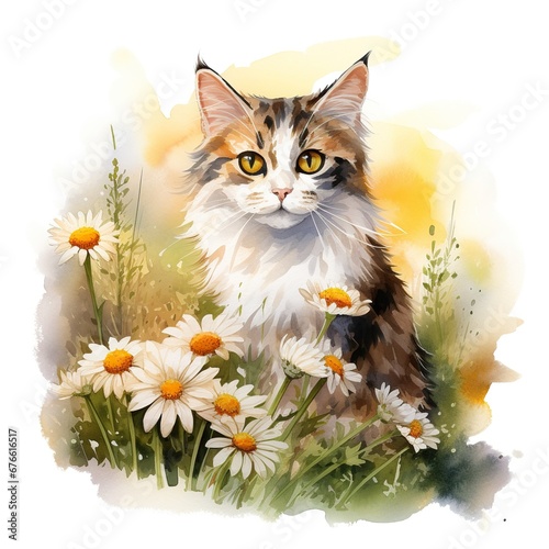 Watercolor cat in a field of daisies clipart