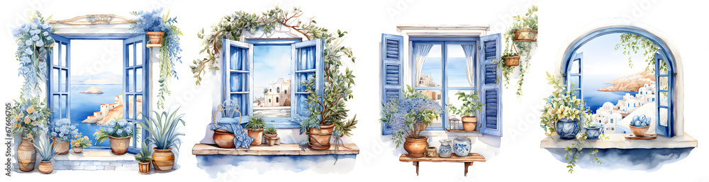 Fototapeta premium Greece in window watercolor illustration clipart. Generative AI