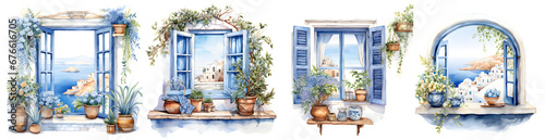 Greece in window watercolor illustration clipart. Generative AI