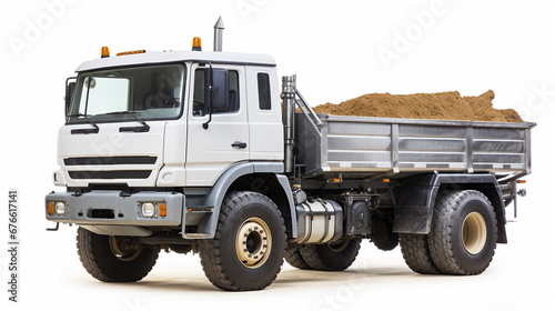 white dump truck with silver trailer parked on dirt road, carrying mixture of sand and clay, suggests construction site, parked, awaiting load or unload