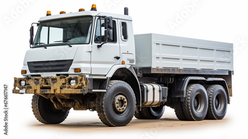 white dump truck parked on dirt road with large off-road tires, loaded with gravel, designed for heavy load transport