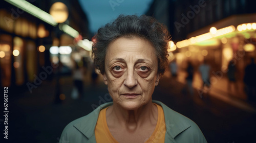 lonely older caucasian woman in city street at night, fictional location
