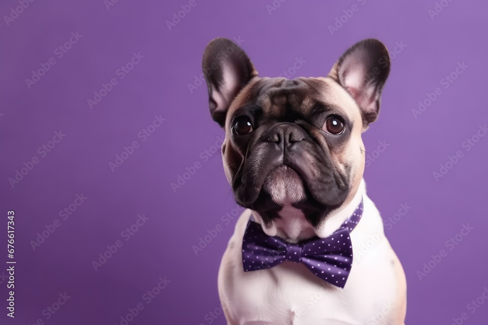 pug isolated on purple background with copy space 