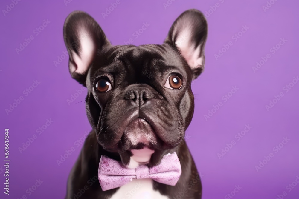 pug isolated on purple background with copy space 