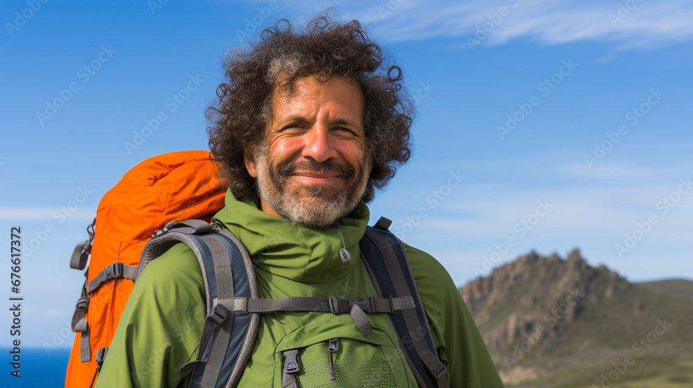 Smiling man in green jacket amid mountain view