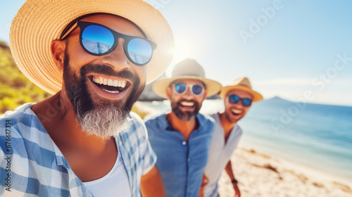 Three smiling men in sunglasses on sandy beach