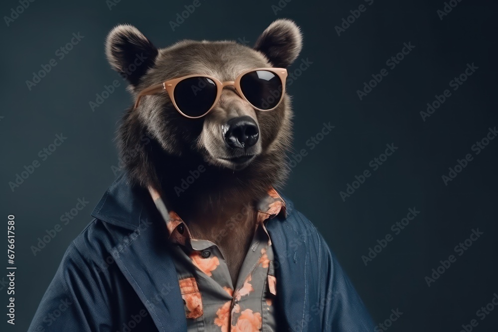 Cool looking bear wearing funky fashion dress and black sunglasses  - obrazy, fototapety, plakaty 