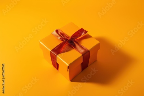 Yellow gift box flat lay on yellow background with copy space 