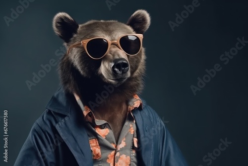 Cool looking bear wearing funky fashion dress and black sunglasses 